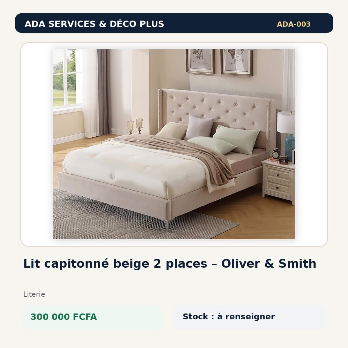 Lit capitonné beige 2 places – Oliver & Smith